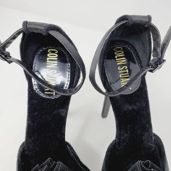 Colin Stuart Women Black Ruffled Satin High Heels Leather Sole Shoes Sz 6.5 - Picture 2 of 13